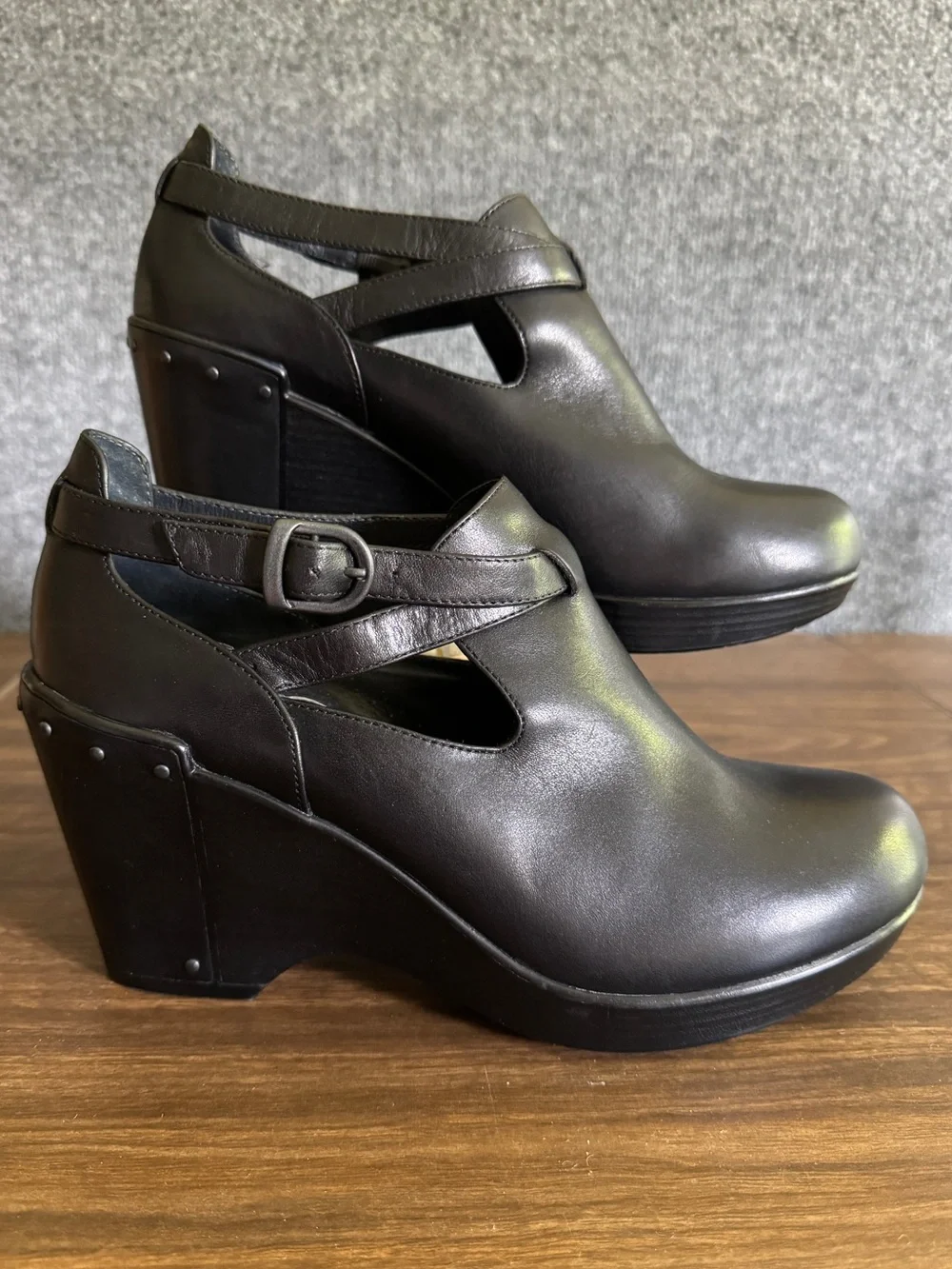 Dansko Franka Mary Jane Wedge Shoes Black Leather Crisscross Straps EU 39